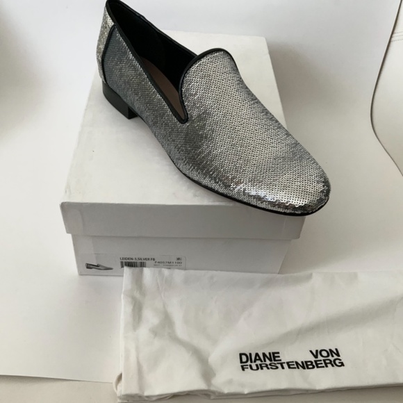 Diane von Furstenberg Leiden Metallic Flat Loafer Silver Evening Dress Shoes 8 - Picture 8 of 12